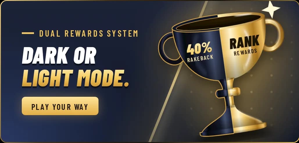 Dual Rewards System. Dark or Light Mode: 40% rakeback or rank rewards. Play your way.